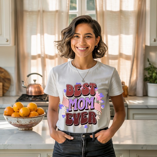 Best Mom Ever T-Shirt showcasing its unisex fit and cozy, garment-dyed fabric, designed for comfort and durability. Ideal for gifting, reflecting FireBrook Essentials' focus on uplifting, stylish apparel.