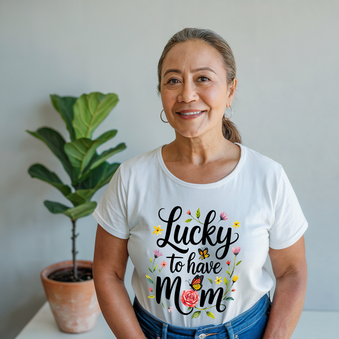 Lucky to Have Mom T-Shirt features a classic crew neckline and retail fit, crafted from lightweight, breathable 100% Airlume cotton, perfect for both active and leisure wear.