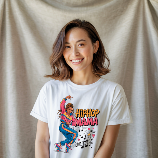 HipHop Mama T-Shirt, featuring a sleek, casual fit and lightweight fabric, ideal for stylish moms who enjoy dancing. The tee embodies FireBrook Essentials' spirit of comfort and joy.