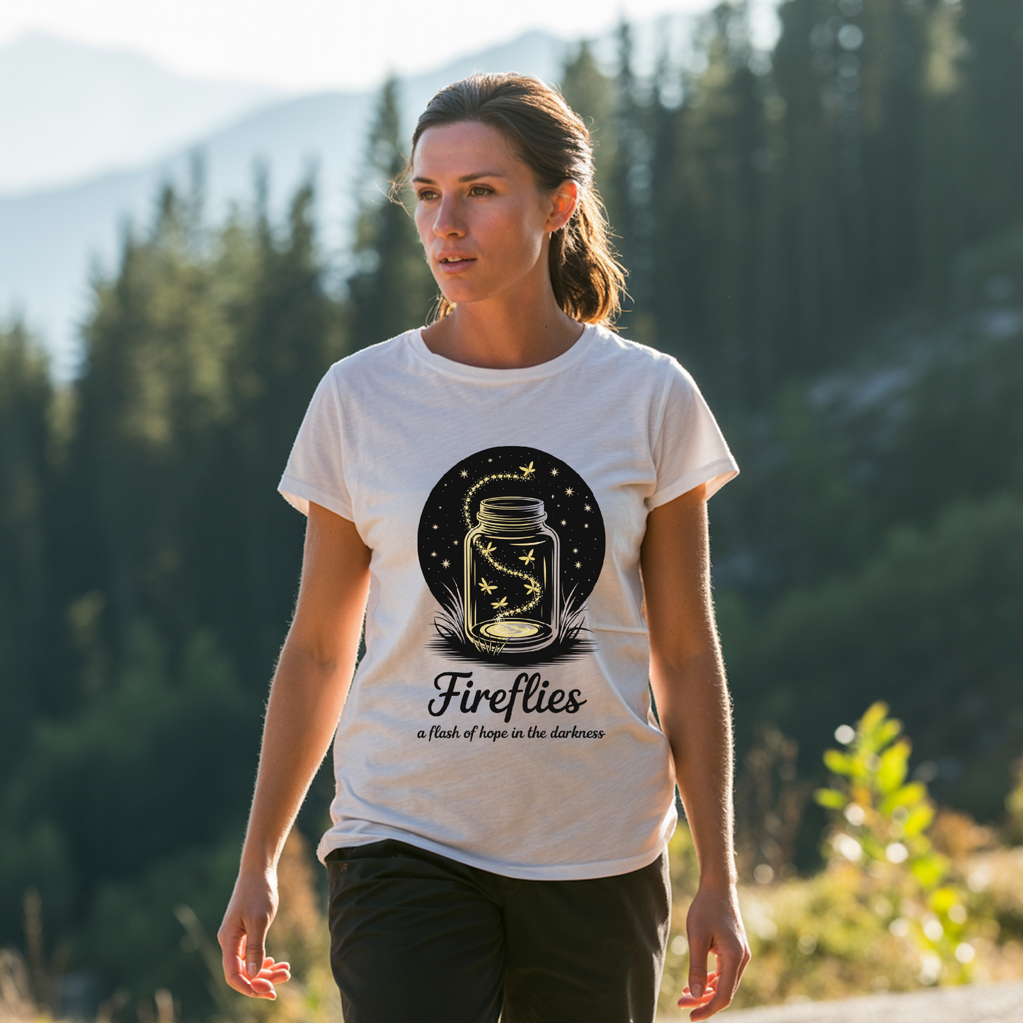 Fireflies A Flash of Hope in the Darkness T-Shirt depicts a nature-inspired design symbolizing hope, perfect for casual wear. Its soft, durable fabric aligns with FireBrook Essentials' commitment to comfort and positivity.
