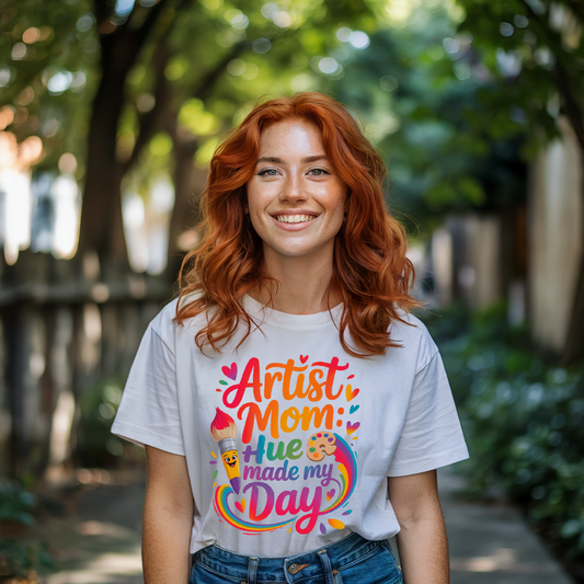 Artist Mom: Hue Made My Day T-Shirt with relaxed fit and crew neckline, showcasing garment-dyed fabric for a cozy, artsy look, ideal for casual outings and celebrating creativity and motherhood.