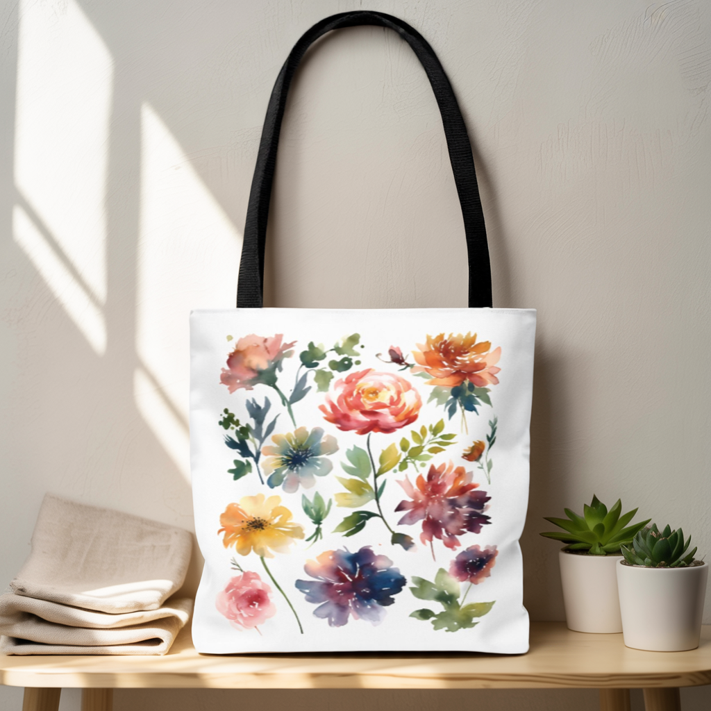 Watercolor Floral Tote Bag by Brand, showcasing a nature-inspired watercolor floral design on durable spun polyester, ideal for daily use. Perfect for carrying essentials, reflecting FireBrook Designs' commitment to style and joy.