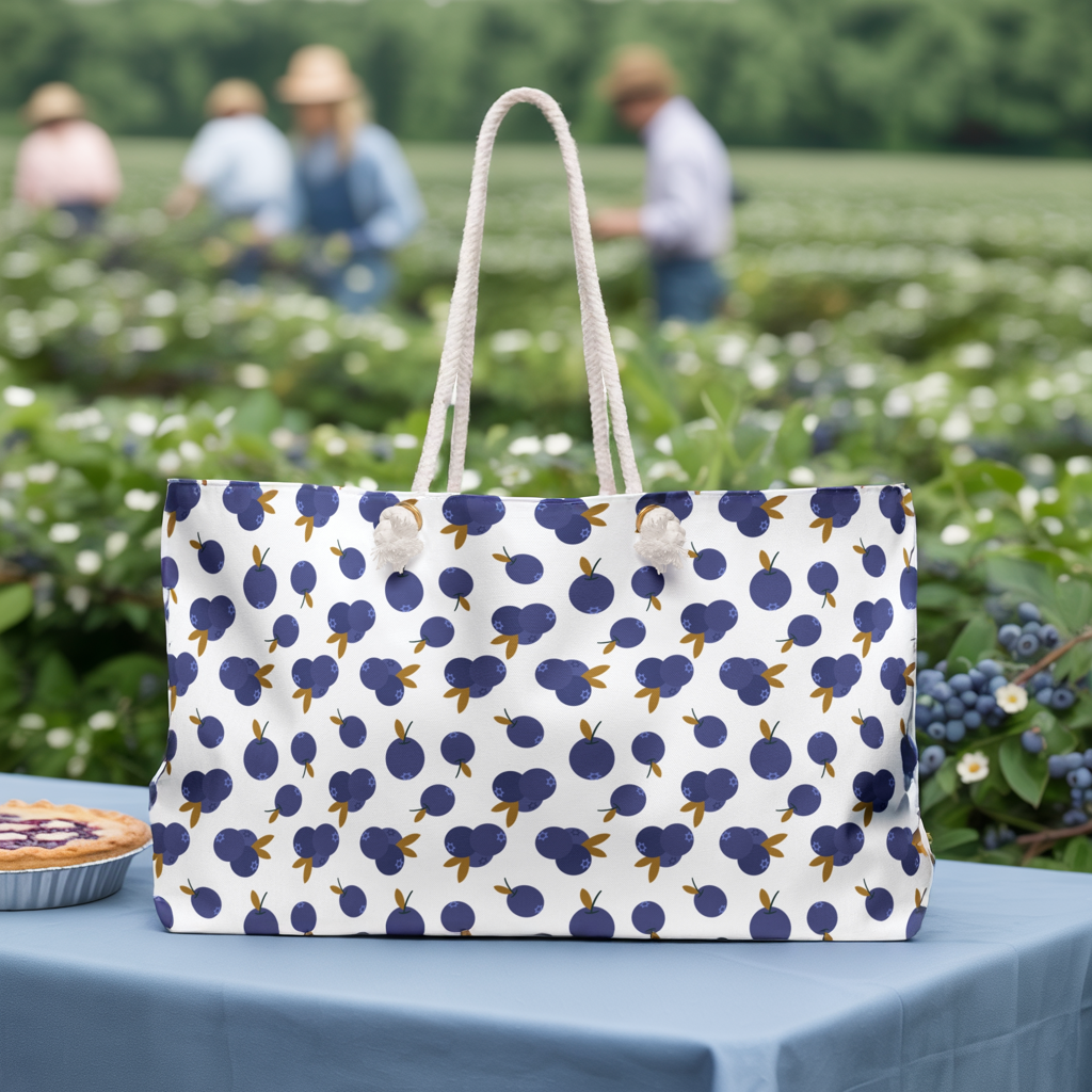 Weekender Bag - Blueberry Pattern Travel Tote: A close-up of a stylish tote with a blueberry pattern, featuring durable spun polyester and elegant rope handles, ideal for chic weekend getaways.