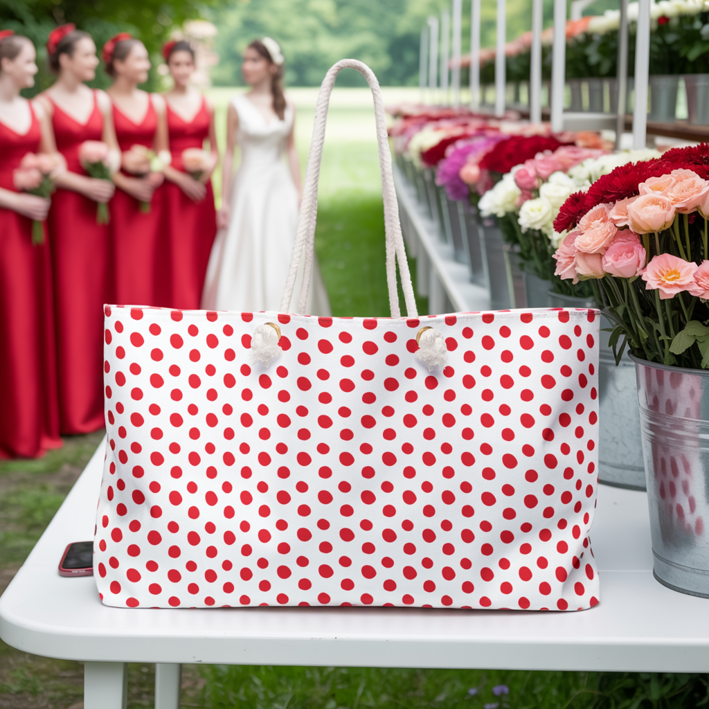 Weekender Bag - Red (small) Polka Dots with rope handles and spacious interior, ideal for travel. The bag embodies a retro vibe, perfect for joyful and stylish weekend adventures.