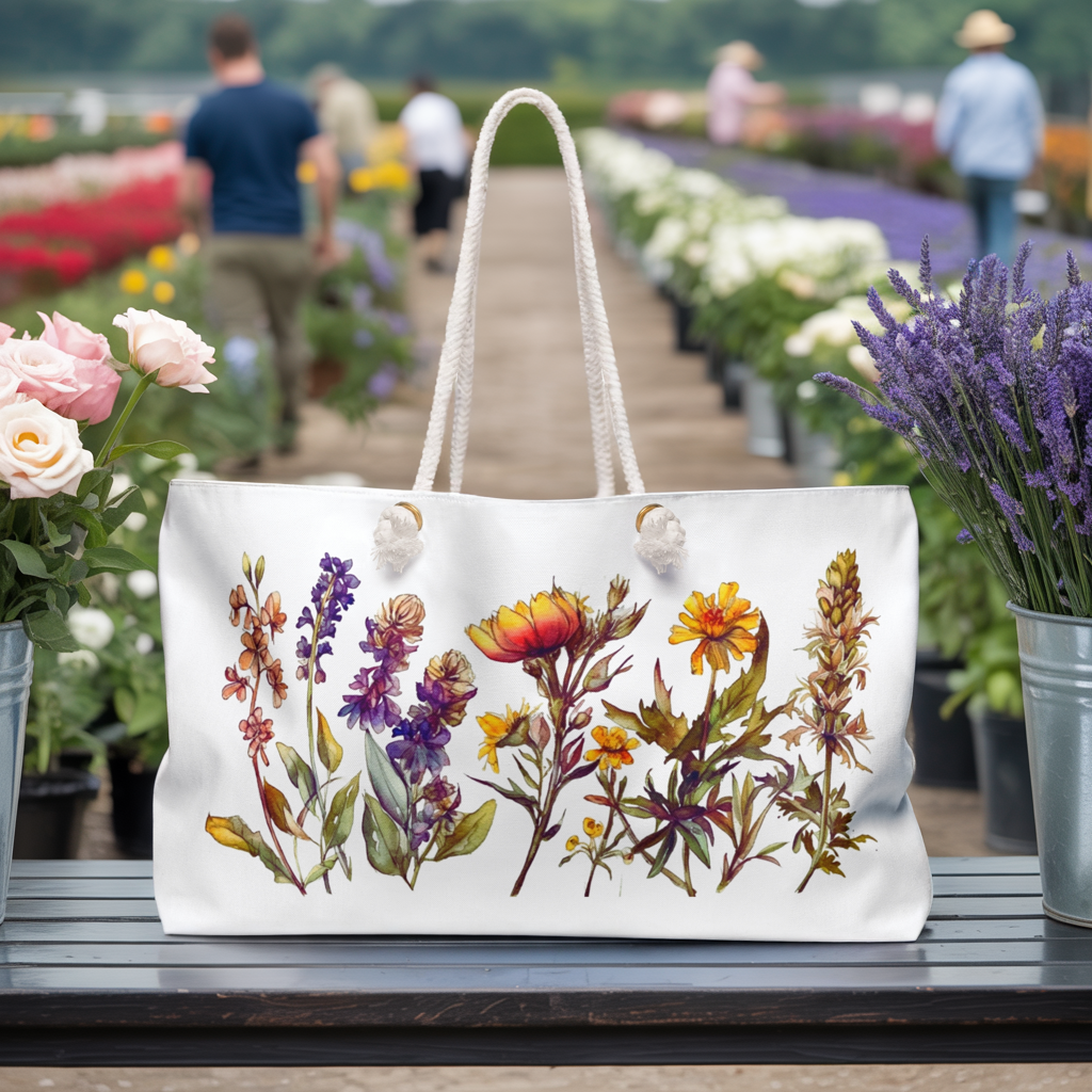 Weekender Tote Bag Wildflowers: A stylish, nature-inspired bag adorned with a whimsical wildflower design, ideal for weekend getaways and outdoor adventures, featuring durable rope handles and a spacious interior.