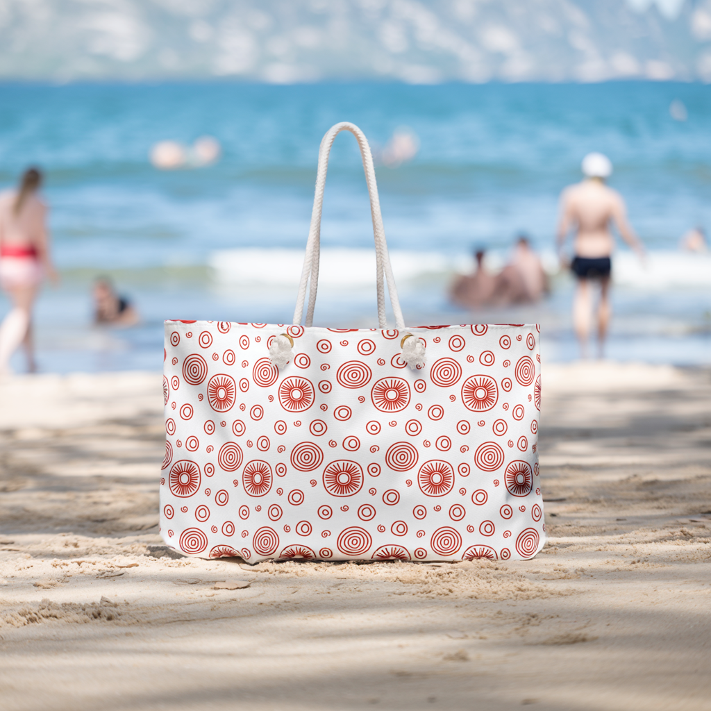 Weekender Bag - Red Swirls and Circles Design, showcasing durable spun polyester with rope handles, ideal for stylish travel. Perfect for short vacations, echoing FireBrook Designs' commitment to comfort and positivity.