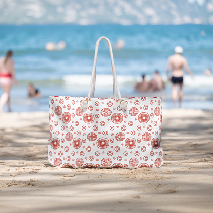 Weekender Bag - Red Swirls and Circles Design, showcasing durable spun polyester with rope handles, ideal for stylish travel. Perfect for short vacations, echoing FireBrook Designs' commitment to comfort and positivity.