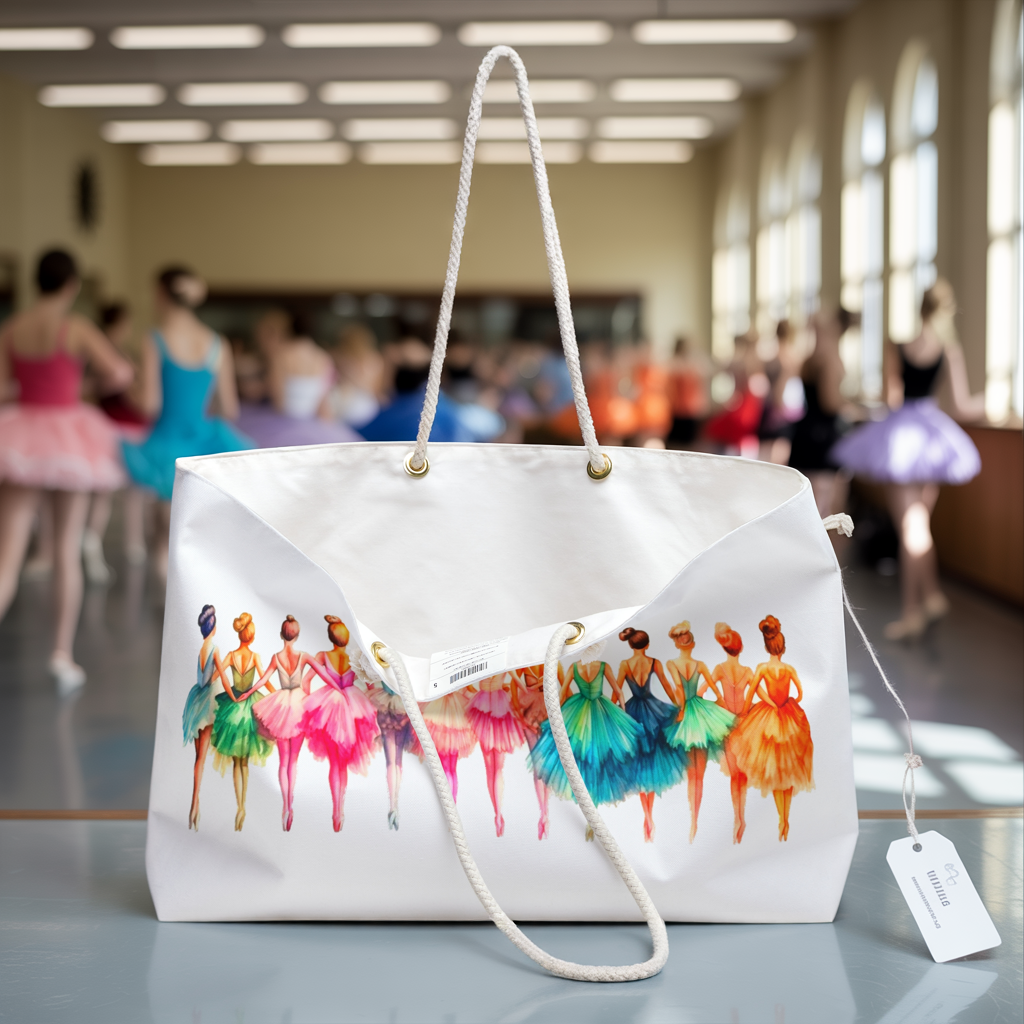 Weekender Bag - Ballet Girls Design: A stylish, ample-sized bag with rope handles, showcasing a charming ballet-themed print, perfect for dance enthusiasts and travel. Ideal for weekend getaways or ballet events.