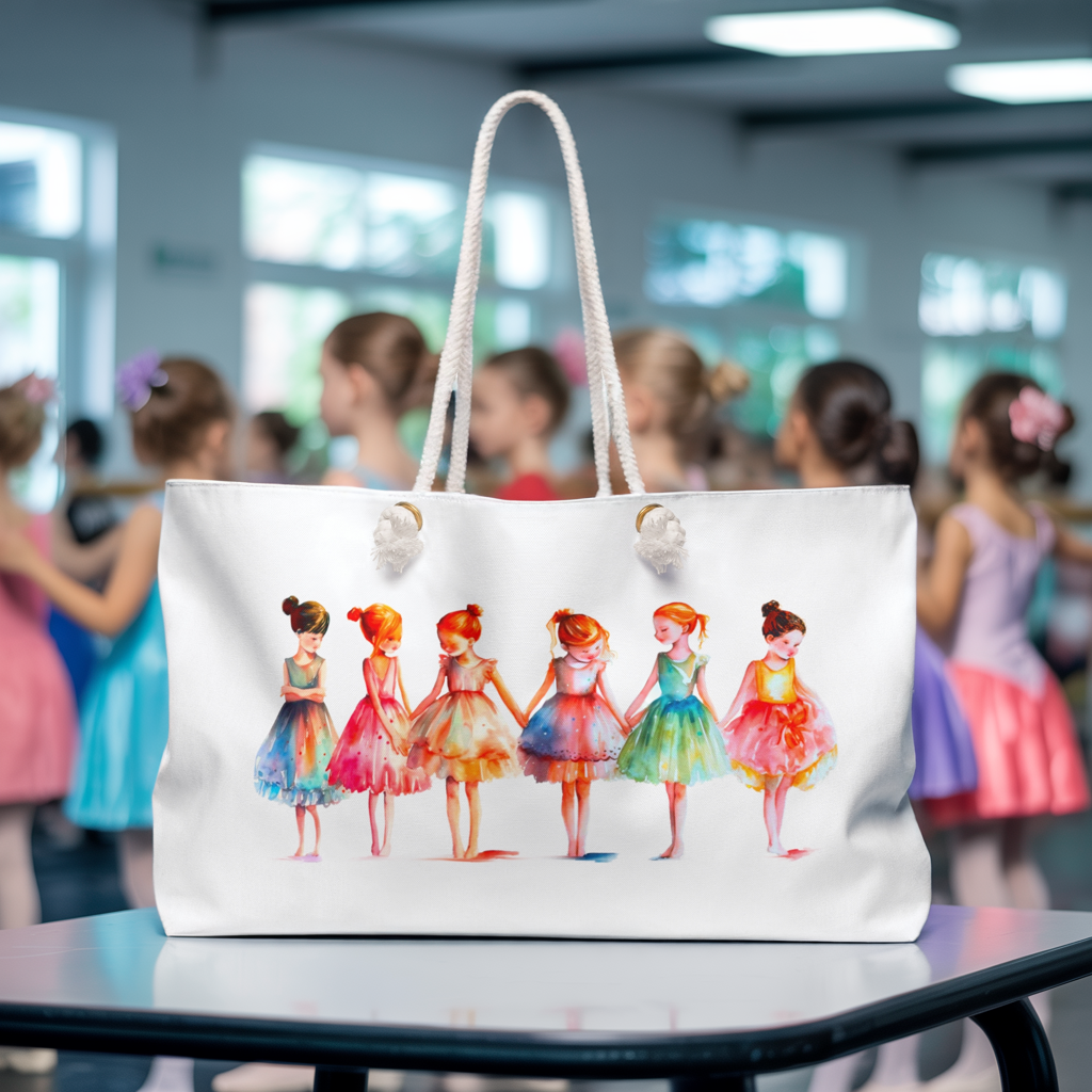 Weekender Bag - Ballet Kids Travel Tote: A whimsical, spacious bag adorned with playful dance-themed art, featuring durable rope handles and a cream interior, perfect for joyful family trips or dance events.