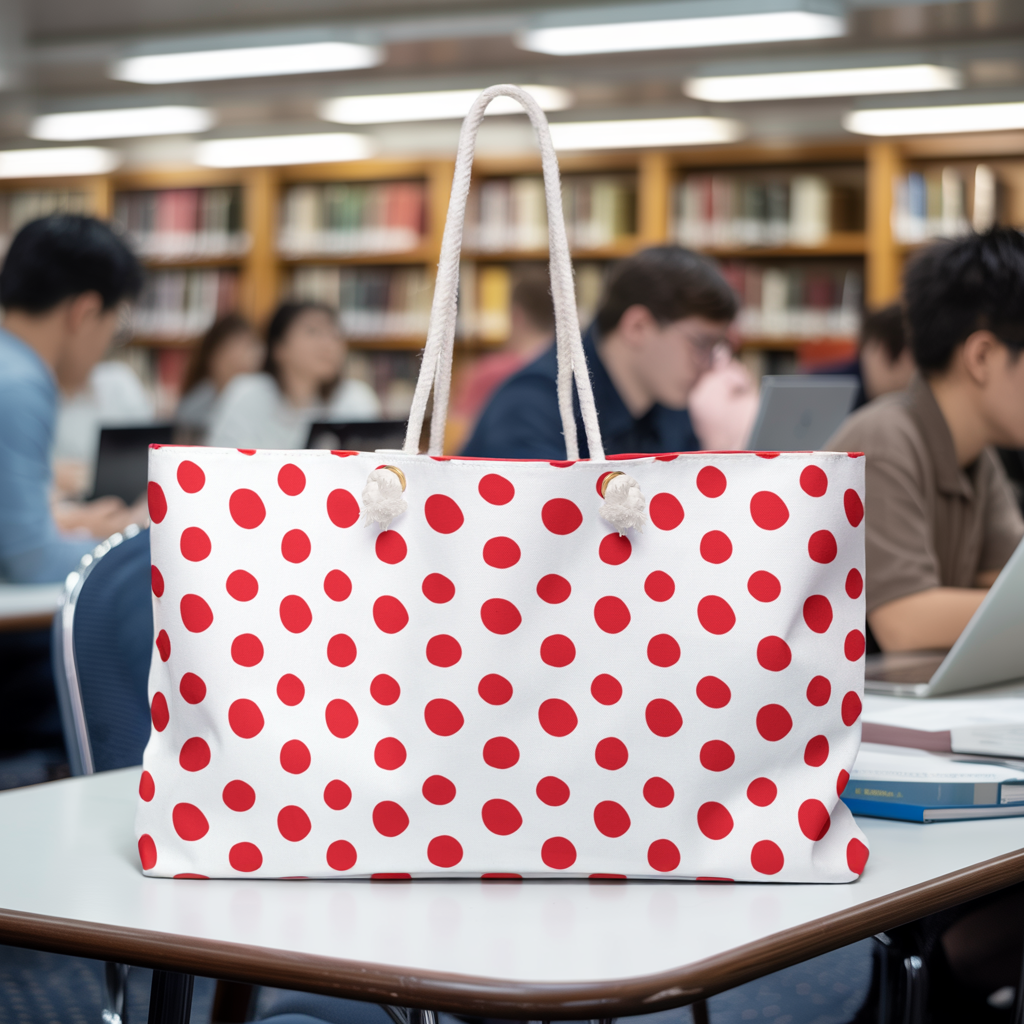 Weekender Bag - Red Polka (Large) Dots Travel Tote: A playful red and white polka dot design, perfect for stylish travelers. Roomy, with rope handles and a T-bottom for extra space.
