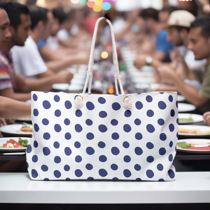 Weekender Bag - Blue (large) Polka Dots Travel Tote features a stylish polka dot design with convenient rope handles, ideal for weekend adventures, reflecting FireBrook Designs' commitment to comfort and uplifting style.
