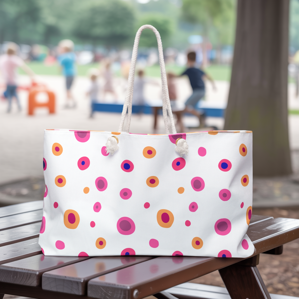 Weekender Tote Bag Yellow and Pink Circles features a vibrant circle pattern with durable rope handles, perfect for stylish, joyful travel. Ideal for summer beach trips and weekend adventures.