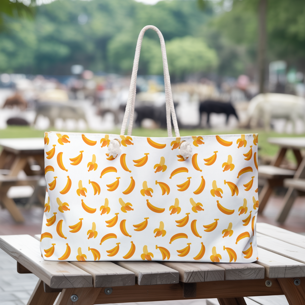 Weekender Bag - Banana Pattern: A stylish, large polyester bag with a playful banana design and sturdy rope handles, perfect for travel enthusiasts seeking a blend of fun and sophistication.