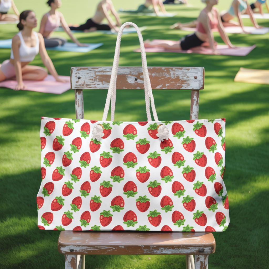 Strawberries Weekender Bag featuring a whimsical strawberry design, perfect for joyful getaways. This stylish, spacious bag is an essential accessory for those seeking comfort and playfulness in their travels.