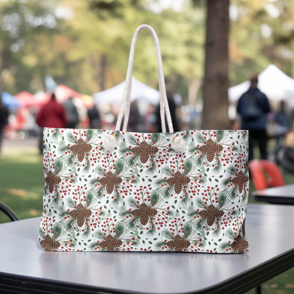 Weekender Bag - Woodland Pinecone Pattern Travel Tote: A close-up of this stylish bag showing its intricate woodland pattern with pinecones and branches, featuring sturdy rope handles and a stable T-bottom design.