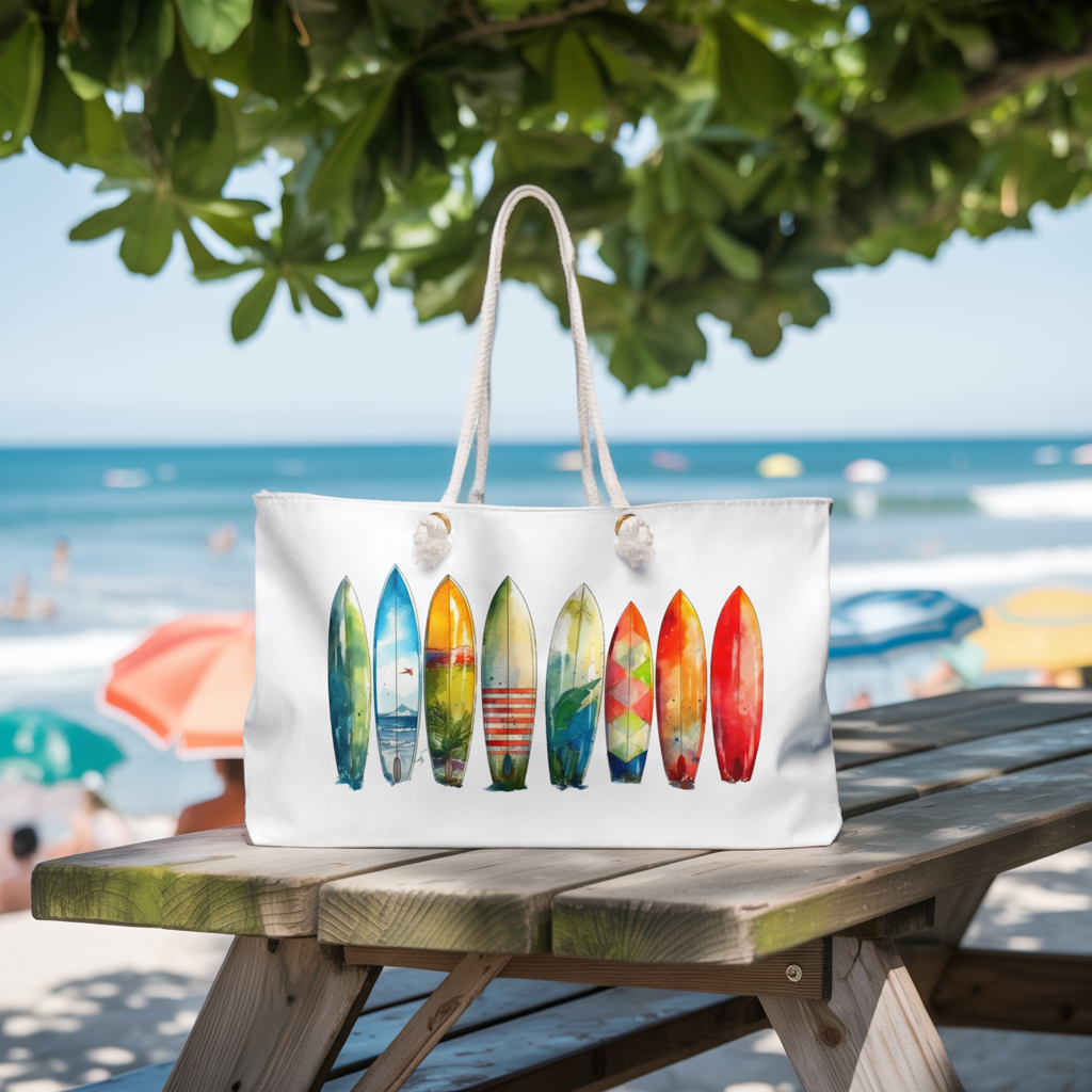 Weekender Tote Bag Surfing Boards, featuring a surfboard design, with durable rope handles and gold grommets, ideal for beach lovers. Perfect size for essentials during spontaneous getaways or beach trips.