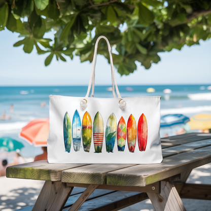 Weekender Tote Bag Surfing Boards, featuring a surfboard design, with durable rope handles and gold grommets, ideal for beach lovers. Perfect size for essentials during spontaneous getaways or beach trips.