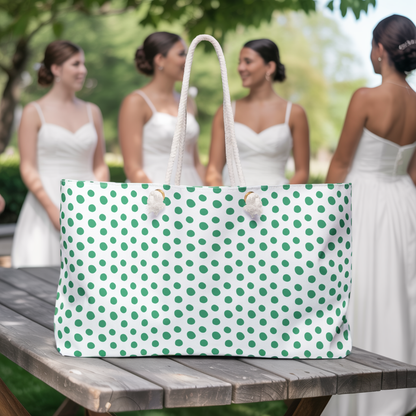 Weekender Bag Green Polka Dots Travel Tote showcases a fun design with vibrant green polka dots, rope handles, and a spacious T-bottom, perfect for fashion-forward weekend getaways.