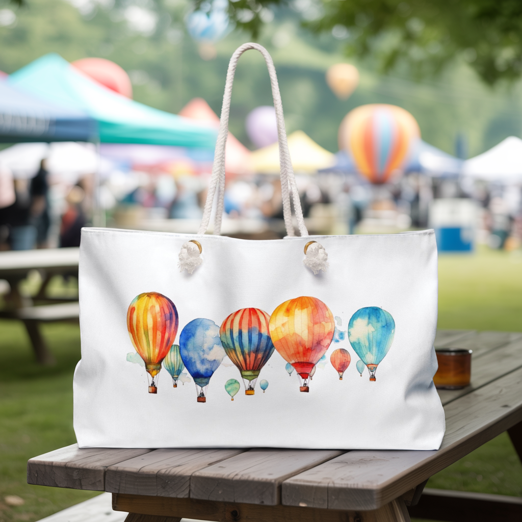 Weekender Bag - Air Balloon Festival Travel Tote on a picnic table, showcasing a whimsical hot air balloon design, ideal for adventurous travelers seeking a stylish and unique accessory for weekend getaways.