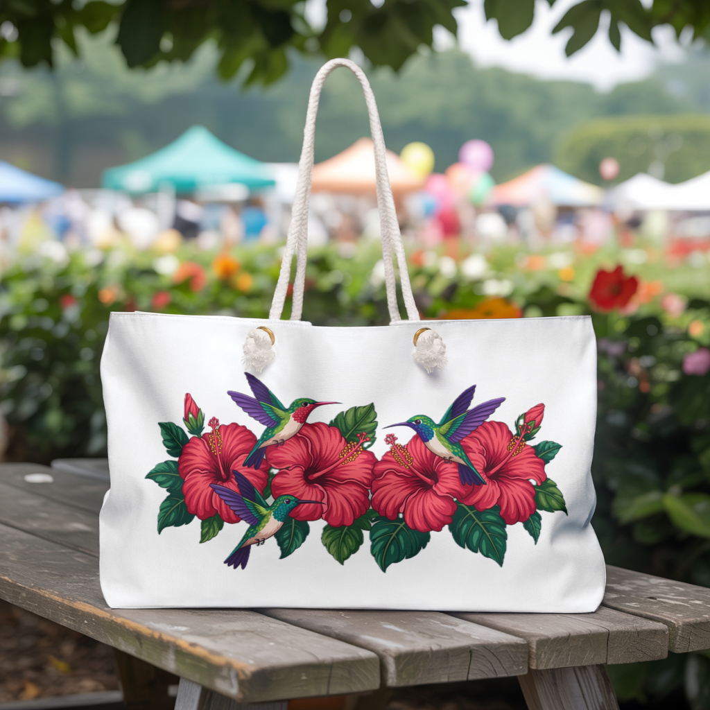 Weekender Tote Bag with hummingbirds and hibiscus design, showcasing vibrant hummingbirds amidst hibiscus flowers, featuring durable rope handles. Perfect for stylish, joyful travel with ample space.