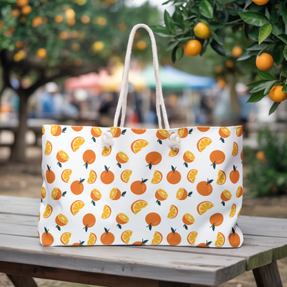 Weekender Bag Orange Pattern Design Travel Tote features a vibrant orange motif, perfect for stylish getaways. Its spacious design and durable rope handles make it an ideal travel accessory.