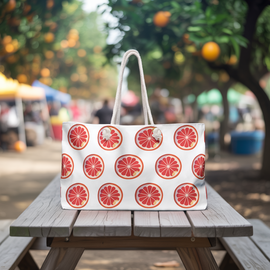 Weekender Bag Orange Slices Print on a picnic table, showcasing a vibrant design with orange slices and sturdy rope handles, embodying FireBrook Designs' cheerful, summery aesthetic for joyful getaways.