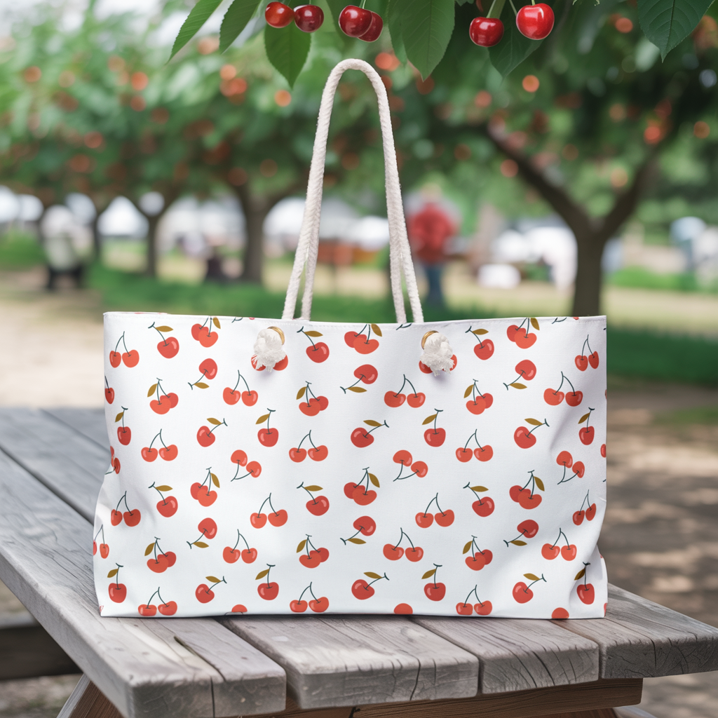 Cherry Weekender Bag featuring a playful cherry pattern, spacious design with chic cream-colored rope handles, ideal for weekend getaways, embodying FireBrook Essentials' commitment to uplifting, joyful designs.