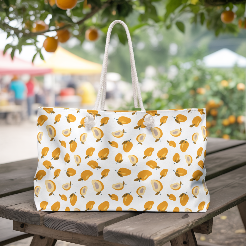 Mango Confetti Weekender Bag – Tropical Fruit Travel Tote with a vibrant mango pattern, showcasing durable rope handles and spacious design, perfect for joyful beach trips or weekend getaways.