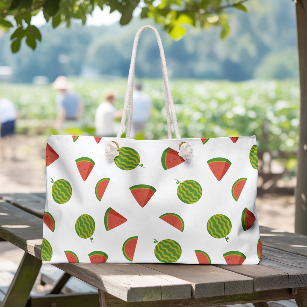 Watermelon Design Weekender Bag – Fun Summer Travel Tote displayed on a picnic table, showcasing its roomy interior and durable rope handles, ideal for beach trips or weekend getaways.