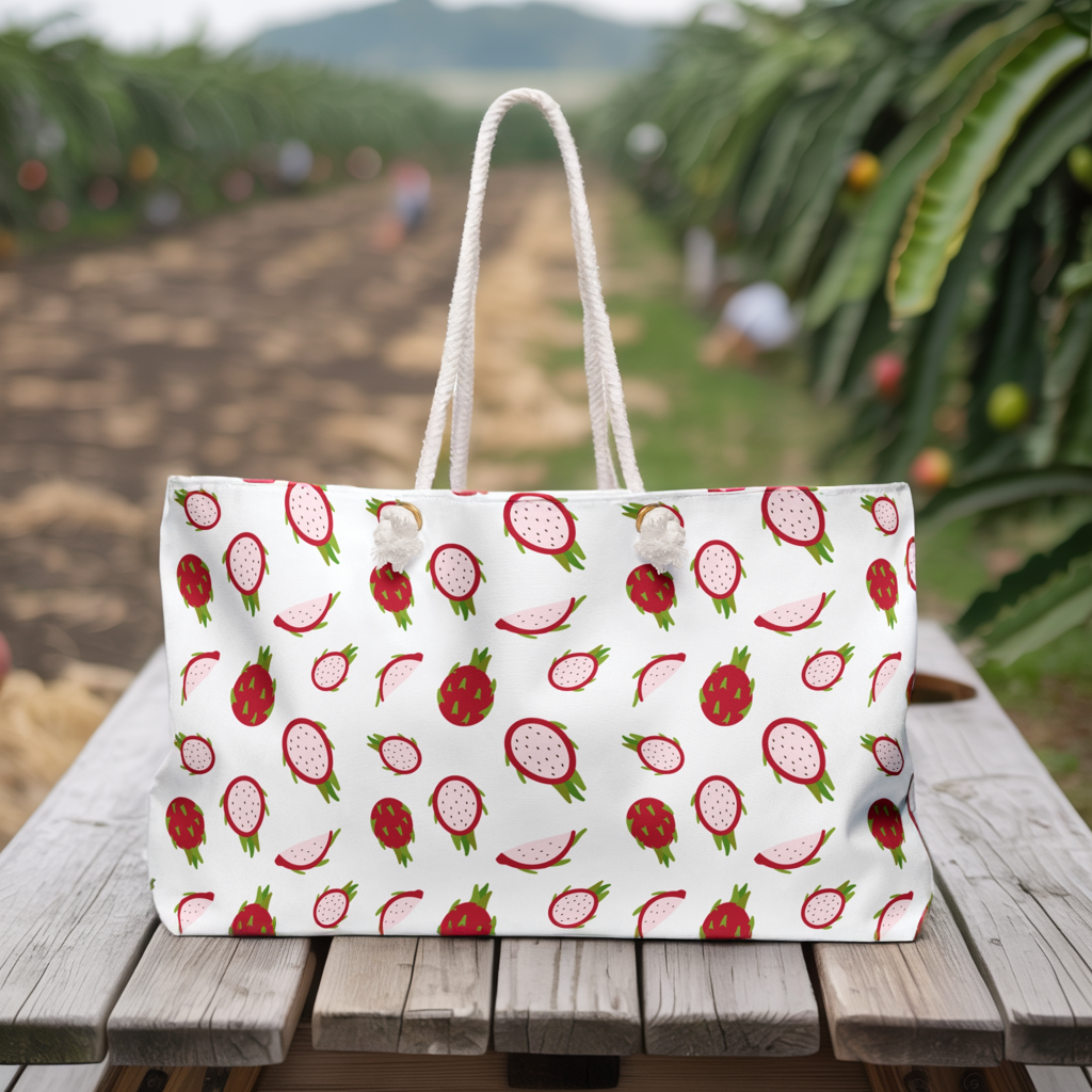 Dragonfruit Confetti Weekender Bag – Vibrant Tropical Travel Tote: Close-up of a spacious, durable polyester bag with rope handles, perfect for stylish, joyful getaways or everyday use.