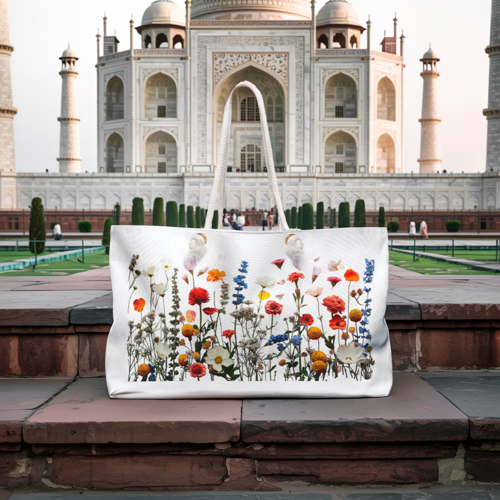 Weekender Bag - Wildflowers Floral Print Travel Tote features a vibrant wildflower design, ideal for nature lovers. This spacious bag is perfect for beach trips or weekend adventures, embodying FireBrook Designs' uplifting style.