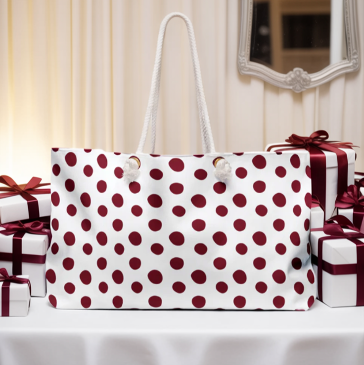 Burgundy Weekender Bag with cream rope handles, ideal for travel. Features gold grommets, spacious interior, and durable design, aligning with FireBrook Essentials’ focus on stylish, joyful living.