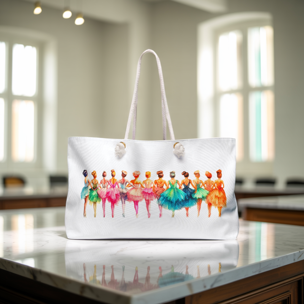 Weekender Bag - Ballet Girls Design: A stylish bag with ballet dancers illustration, ideal for dance lovers, featuring rope handles and ample space for weekend trips.