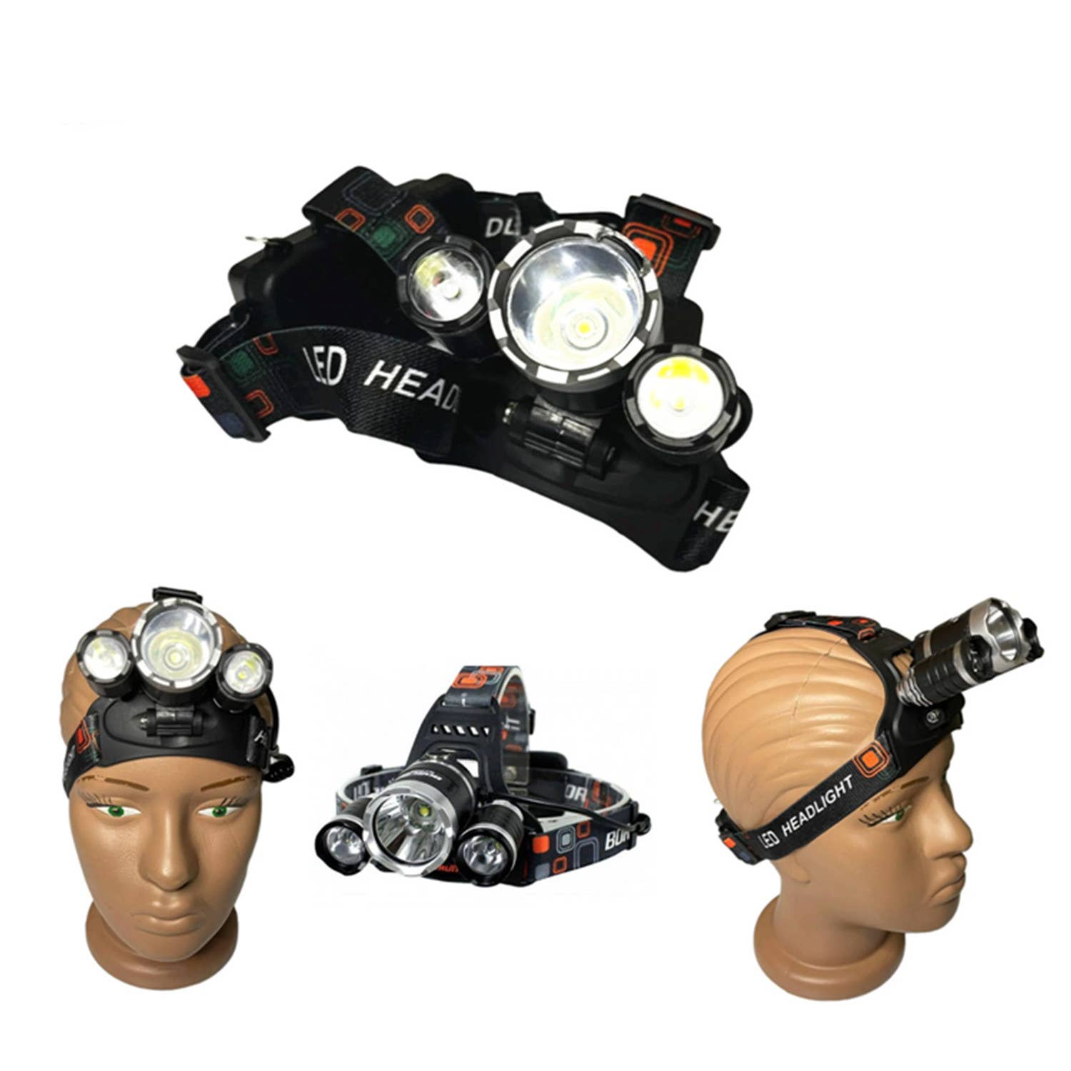 LED Head Torch Headlamp Light Band Rechargeable Headlight with three LED bulbs, adjustable elastic headband, shown on mannequin. Features pivoting plastic housing for versatile use in low-light activities.