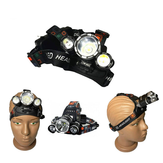 LED Head Torch Headlamp Light Band Rechargeable Headlight with three LED bulbs, adjustable elastic headband, shown on mannequin. Features pivoting plastic housing for versatile use in low-light activities.