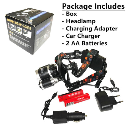 LED Head Torch Headlamp Light Band Rechargeable Headlight kit includes adjustable headlamp with dual modules, wall and car chargers, rechargeable batteries; ideal for versatile, hands-free illumination in various activities.