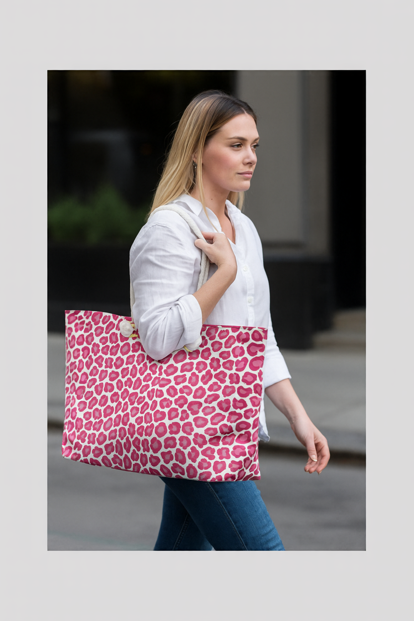 A close-up of a woman carrying the Cheetah Weekender Bag, showcasing its bold pink leopard print and cream rope handles, embodying FireBrook Designs' stylish and adventurous travel ethos.