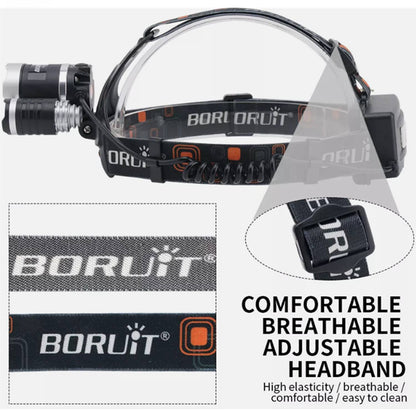 Boruit LED Head Torch Headlamp Light Band Rechargeable Headlight with elastic, adjustable strap and buckle, showcasing its robust design ideal for hands-free activities like hiking and emergencies.