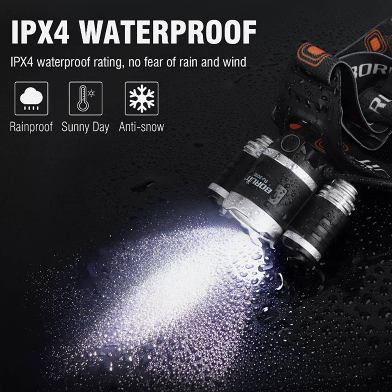 LED Head Torch Headlamp Light Band Rechargeable Headlight with IPX4 waterproof rating, showing water beads on aluminum, emitting bright beam; ideal for hands-free activities like camping and emergencies.