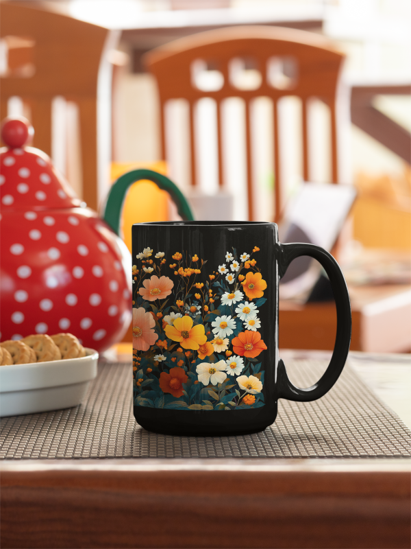 Vibrant Floral Mug (11oz, 15oz) showcasing a whimsical zinnia and wildflowers design on a sleek black ceramic surface, perfect for nature enthusiasts. Ideal for enjoying tea or coffee with a joyful, uplifting touch.