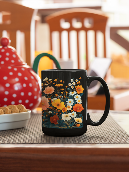 Vibrant Floral Mug (11oz, 15oz) showcasing a whimsical zinnia and wildflowers design on a sleek black ceramic surface, perfect for nature enthusiasts. Ideal for enjoying tea or coffee with a joyful, uplifting touch.
