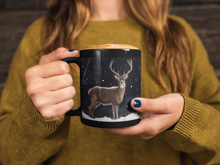 Deer at Snowy Night Mug (11oz, 15oz) shown held by a woman, featuring a serene deer design ideal for cozy, winter moments. Part of FireBrook Designs' uplifting collection, enhancing your daily coffee ritual.