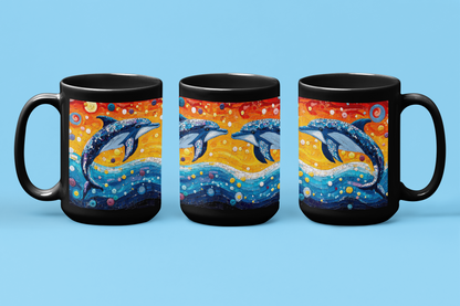Dolphins Mug (11oz, 15oz) features a mosaic dolphin design on a black ceramic surface, perfect for animal lovers. Ideal for cozy mornings, it embodies FireBrook Essentials' uplifting, joyful design ethos.