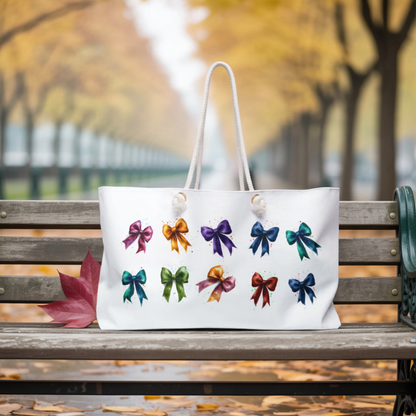 Weekender Bag - Fancy Colorful Ribbons Travel Tote for Stylish Getaways, featuring vibrant ribbons and rope handles, ideal for chic weekend adventures, embodying FireBrook Essentials' commitment to stylish and joyful travel.