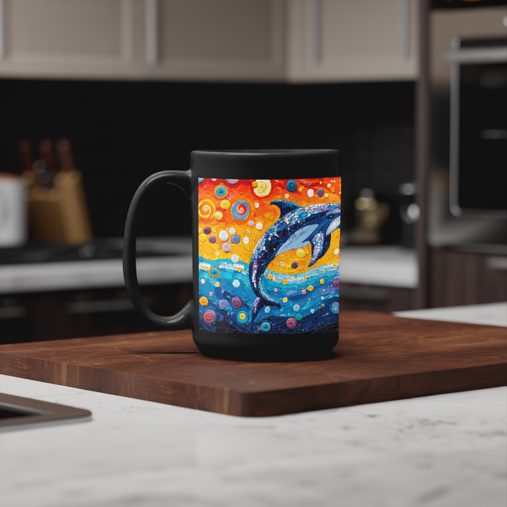 Dolphins Mug (11oz, 15oz): A glossy ceramic mug featuring a dolphin mosaic, perfect for wildlife enthusiasts. Ideal for cozy mornings, offering a serene, nature-inspired scene. Microwave and dishwasher safe.